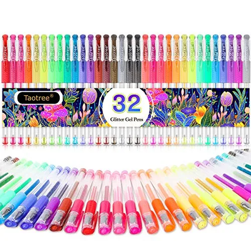 A set of 32 glitter gel pens in a variety of colors, with clear barrels and colored caps indicating the ink color. The packaging features a colorful floral design.