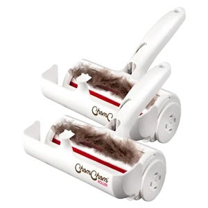 2pk ChomChom Pet Hair Rollers with a white and red design effectively picks up pet hair. The rollers feature a handle and a reusable design for efficient cleaning on various surfaces.