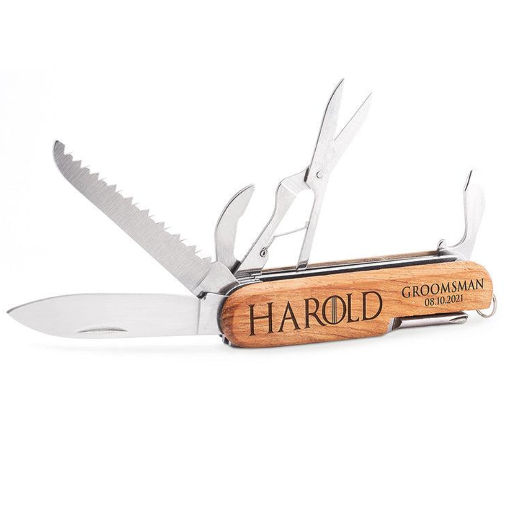 Multi-tool pocket knife with wooden handle, personalized with the name \“Harold\“ and \“Groomsman 08.10.2021,\“ featuring a blade, saw, scissors, and can opener.