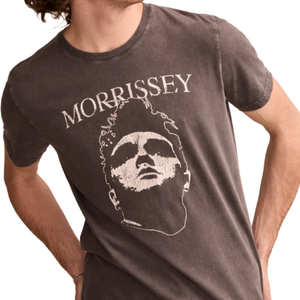A faded black T-shirt with a graphic of a face and the name \“Morrissey\“ printed above it.
