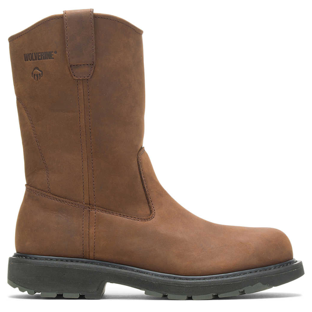 A brown leather pull-on work boot with a rugged sole, featuring a logo on the upper shaft.