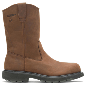 A brown leather pull-on work boot with a rugged sole, featuring a logo on the upper shaft.