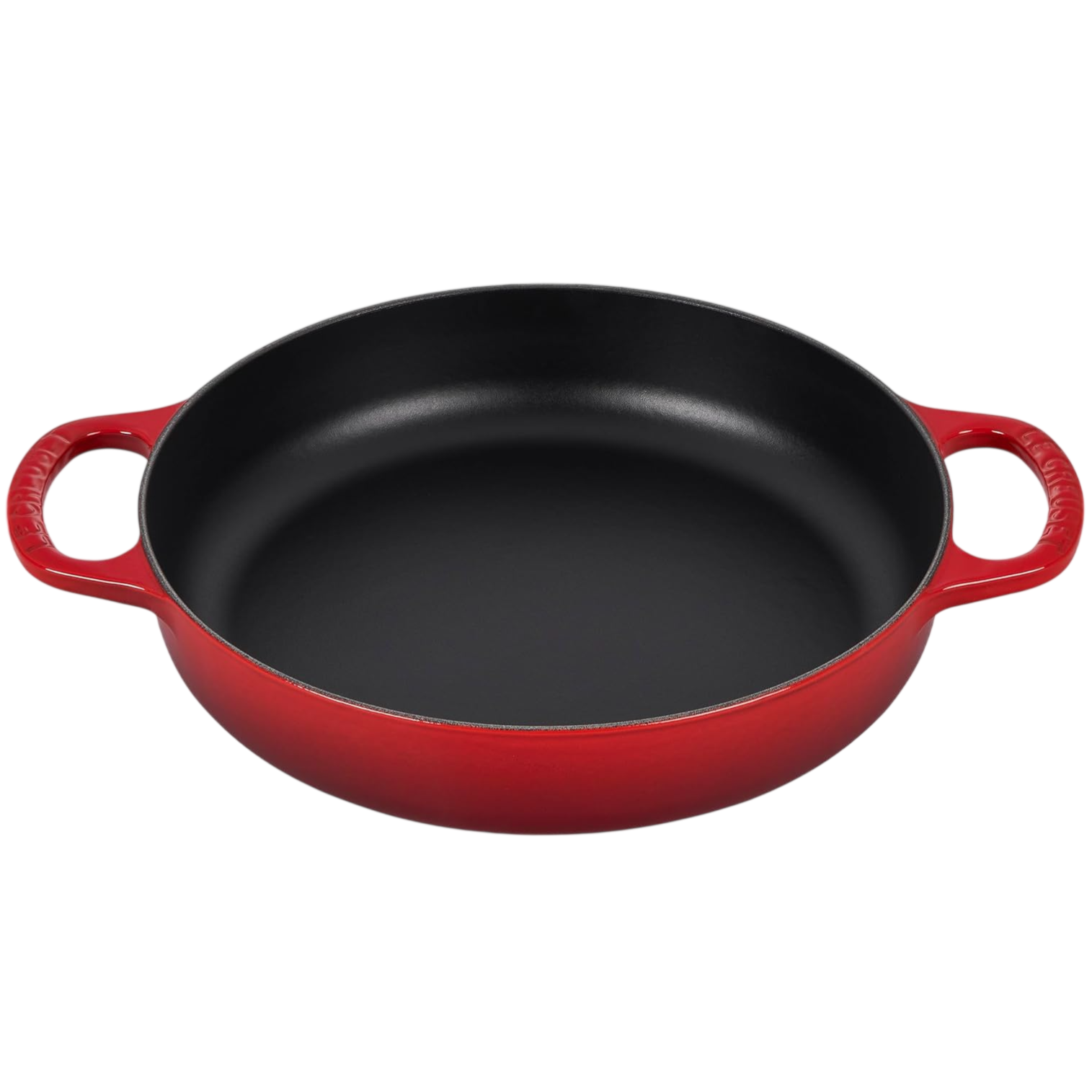 Red cast iron pan with two handles, featuring a black interior.