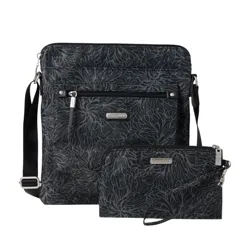 Black crossbody bag and pouch set with a floral pattern, featuring zippers and a detachable strap.