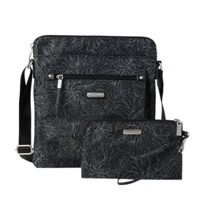 Black crossbody bag and pouch set with a floral pattern, featuring zippers and a detachable strap.