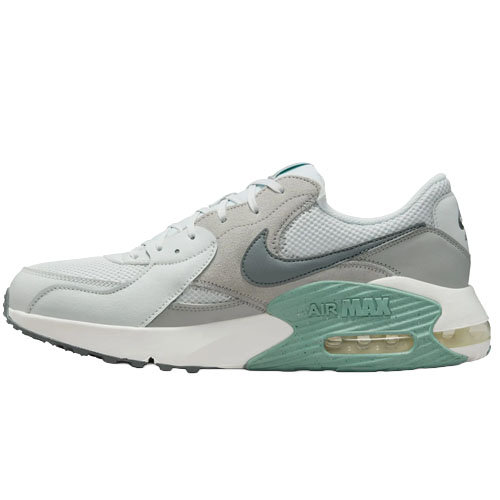 Nike Air Max sneaker featuring a light grey and white upper with a green Air Max unit and swoosh design.