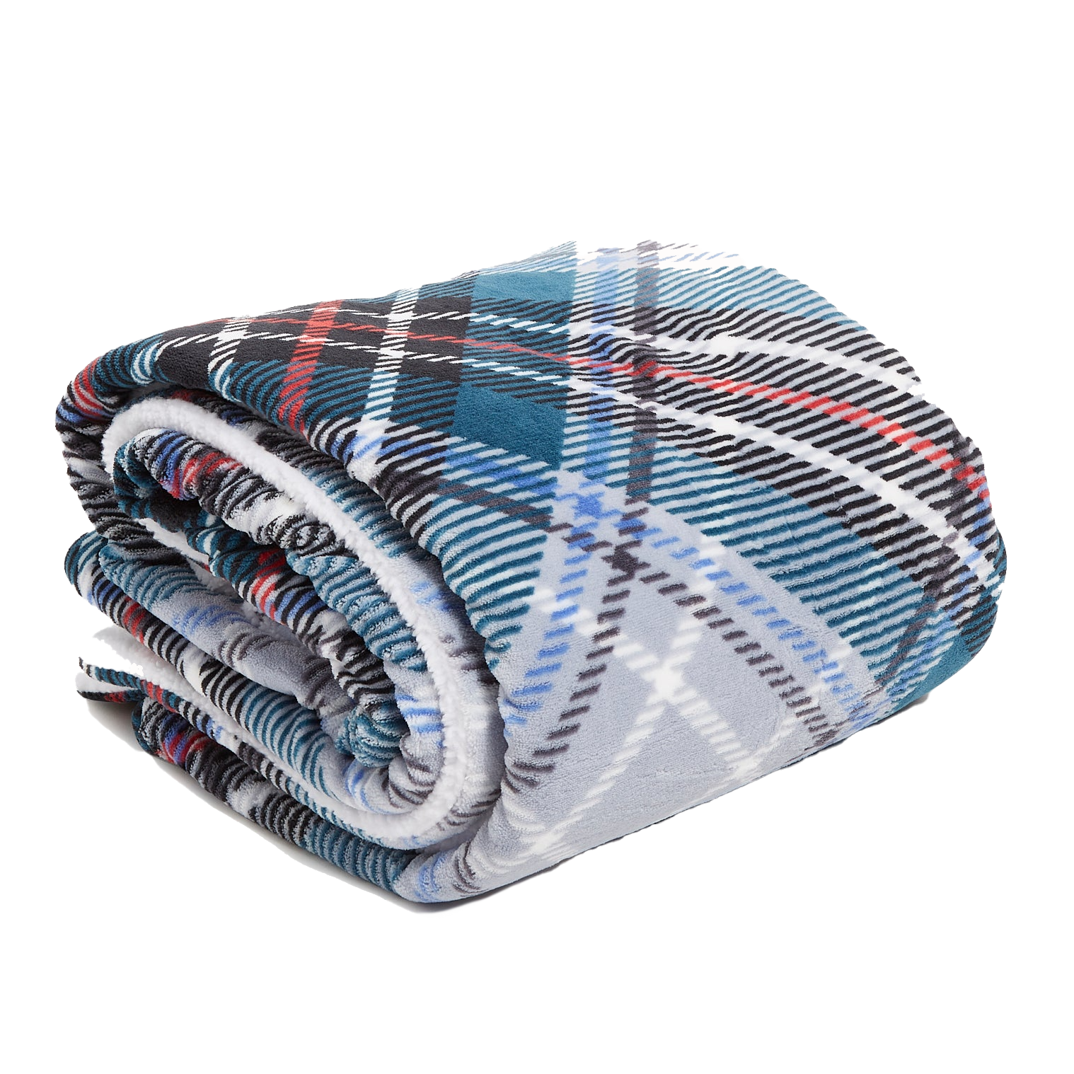 A folded plaid throw blanket featuring a mix of blue, red, and white colors with dark fringed edges.