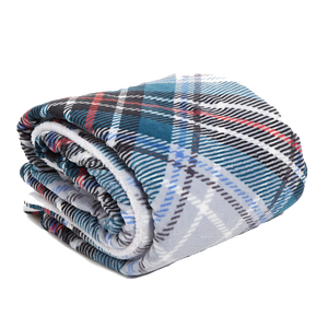 A folded plaid throw blanket featuring a mix of blue, red, and white colors with dark fringed edges.