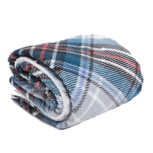 A folded plaid throw blanket featuring a mix of blue, red, and white colors with dark fringed edges.