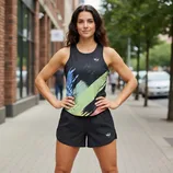 A woman stands confidently on a sidewalk, wearing a black tank top with colorful brushstroke patterns and black shorts.