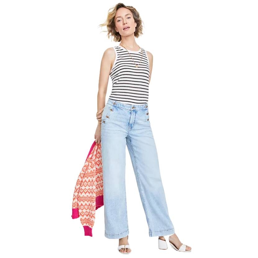 INC High-Rise Wide-Leg Jeans feature a light wash with a relaxed fit, button accents at the waist, and a high-rise design. Pairing well with casual tops, they're styled for a comfortable and versatile look.