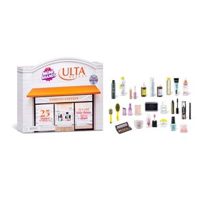 Mini Brands Ulta Beauty limited edition set with 25 surprises, featuring miniature replicas of various cosmetic and beauty products like shampoo, creams, nail polish, and brushes.
