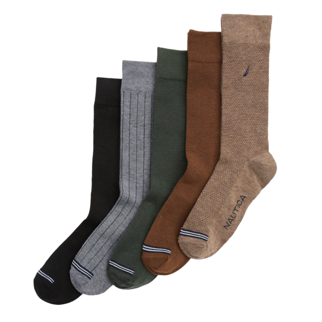 A set of five differently colored and patterned crew socks, including black, gray, green, brown, and a textured tan with \“Nautica\“ branding.