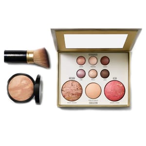 Makeup collection featuring a palette with multiple blush and highlighter shades, a standalone compact blush, and a kabuki brush.