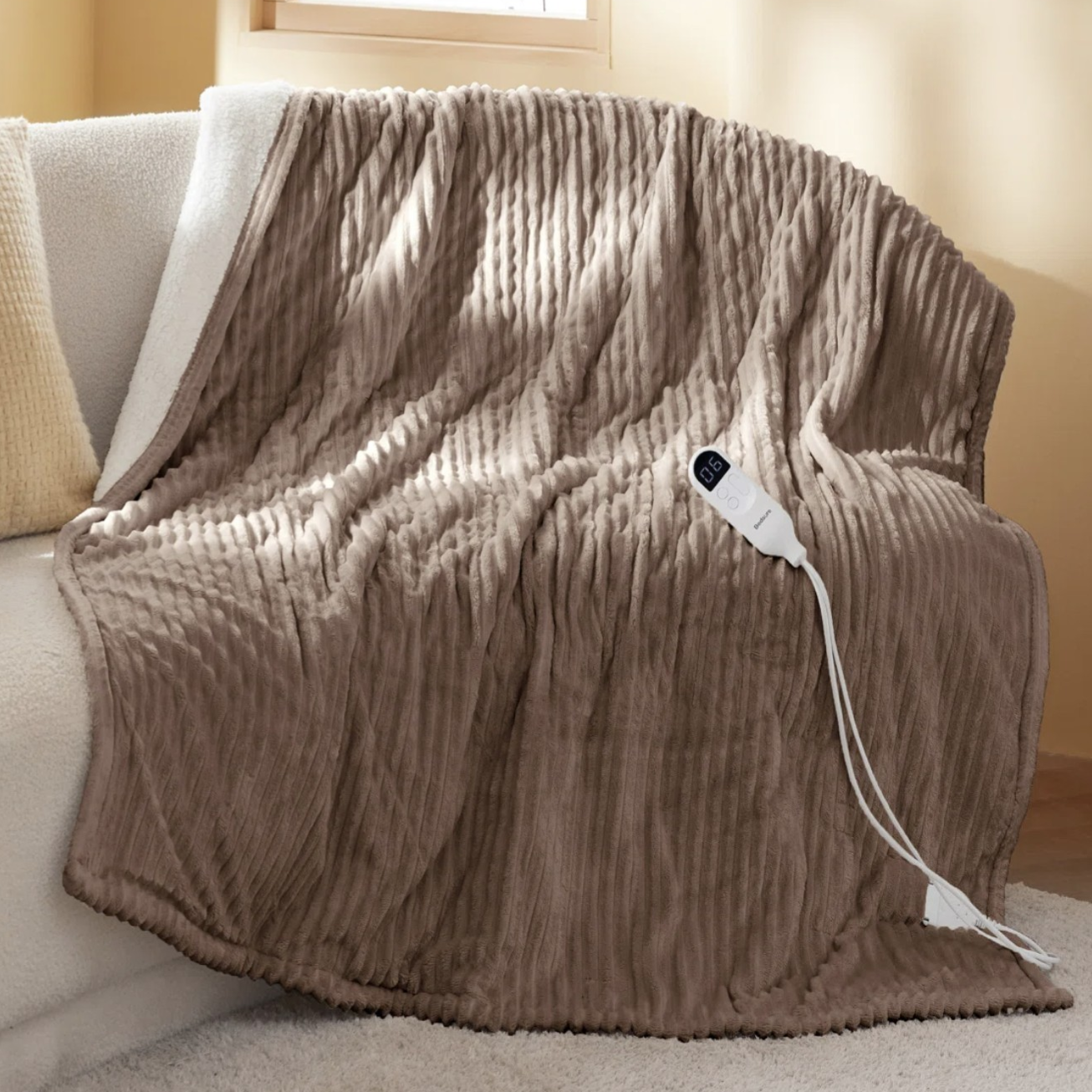 A soft, taupe-colored electric blanket with a textured pattern draped over a couch, featuring a digital control attached by a cord.