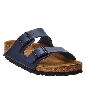 Navy blue Birkenstock Women's Arizona Sandals featuring two adjustable leather straps, cork footbed, and black rubber sole for comfort and support.