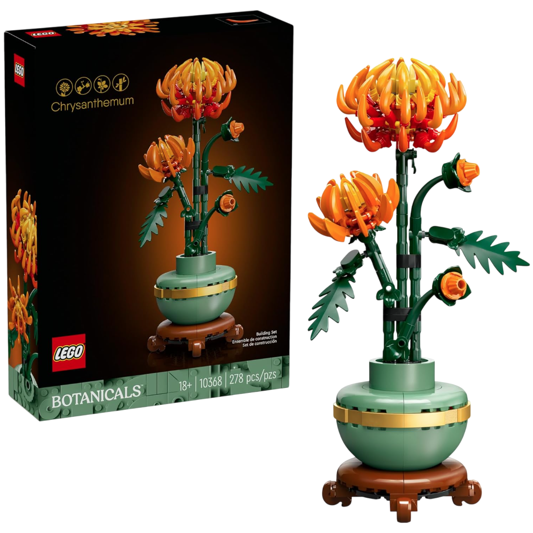 LEGO Botanicals Chrysanthemum set, 10368, includes 278 pieces for building a decorative chrysanthemum plant. Suitable for ages 18 and up.