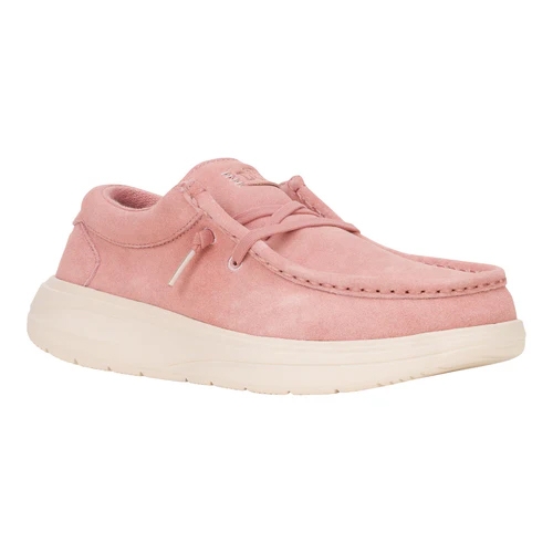 A pink suede casual shoe with a moccasin-style design and a cream-colored sole, featuring laces for added support and style.