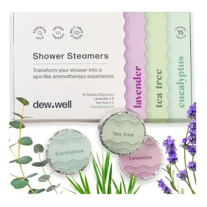 Shower steamers by \“dew.well\“ in scents: lavender, tea tree, eucalyptus. Includes 15 tablets (5 of each scent) for an aromatherapy experience.
