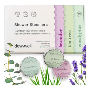 Shower steamers by \“dew.well\“ in scents: lavender, tea tree, eucalyptus. Includes 15 tablets (5 of each scent) for an aromatherapy experience.