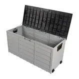 Outdoor storage box with a black lid, featuring wheels and handles for easy mobility.