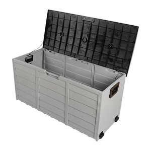 Outdoor storage box with a black lid, featuring wheels and handles for easy mobility.