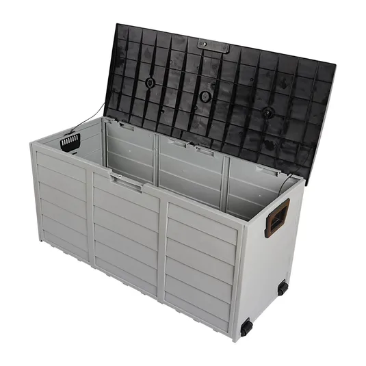 Outdoor storage box with a black lid, featuring wheels and handles for easy mobility.