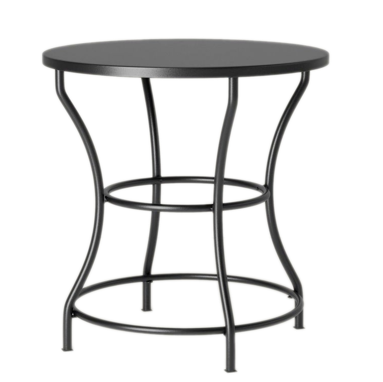 A round black metal patio dining table with a smooth top and curved legs, supported by two circular braces at the base.