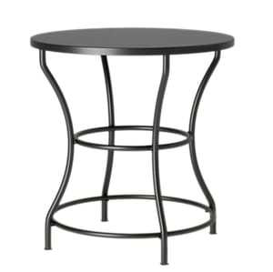 A round black metal patio dining table with a smooth top and curved legs, supported by two circular braces at the base.