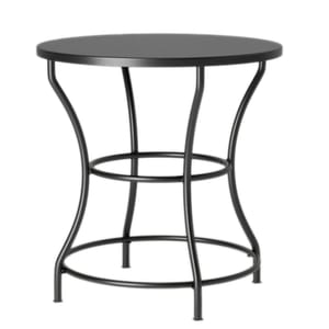 A round black metal patio dining table with a smooth top and curved legs, supported by two circular braces at the base.