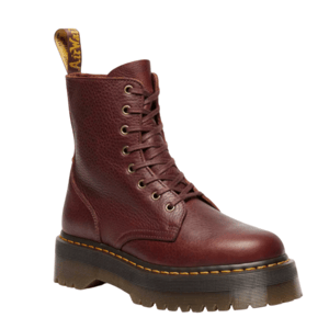 Brown lace-up leather boot with a chunky platform sole and yellow stitching details.