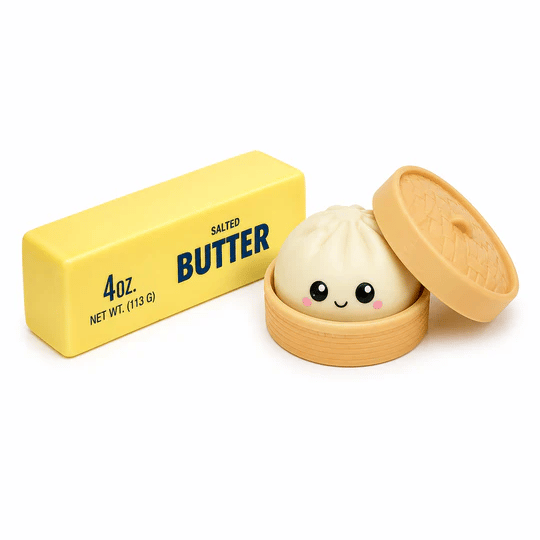 A stick of salted butter labeled \“4 oz.\“ is next to a cute dumpling toy with a smiling face, placed inside a small bamboo steamer.