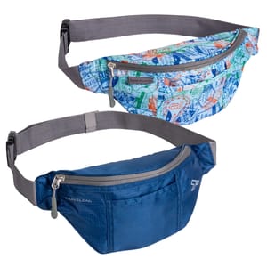 Two waist packs by Travelon, one with a blue travel stamp design and the other in solid blue, both featuring adjustable grey straps and zippered compartments for secure storage.