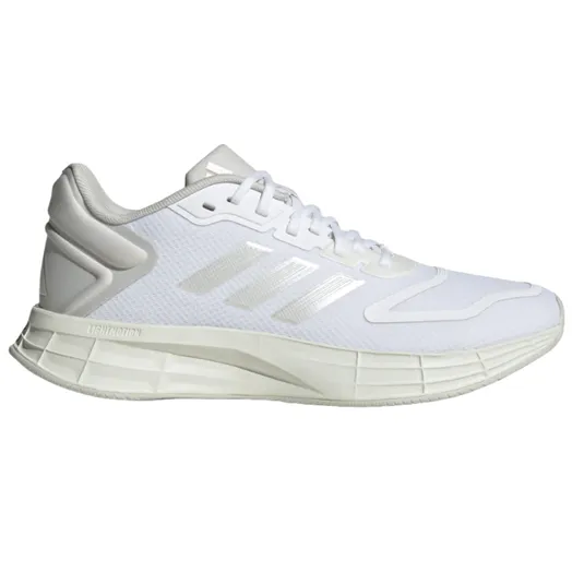 White athletic sneaker with three silver stripes on the side and \“LIGHTMOTION\“ on the sole, featuring a mesh upper and cushioned sole.