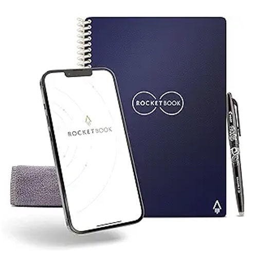 A navy blue Rocketbook notebook, smartphone with app screen, Pilot FriXion pen, and a gray cloth.
