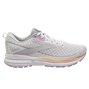 White and light gray running shoes with pink accents, featuring the Brooks logo and 'TRACE' label on the side.