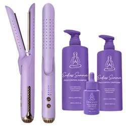 A set of hair styling products and tools including a purple flat iron, a frizz control shampoo and conditioner, and a hair serum, all labeled \“Endless Summer\“ and suitable for all hair types.