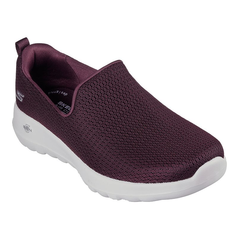 Maroon slip-on shoe with a breathable mesh upper and white cushioned sole, featuring Skechers branding.