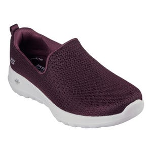 Maroon slip-on shoe with a breathable mesh upper and white cushioned sole, featuring Skechers branding.