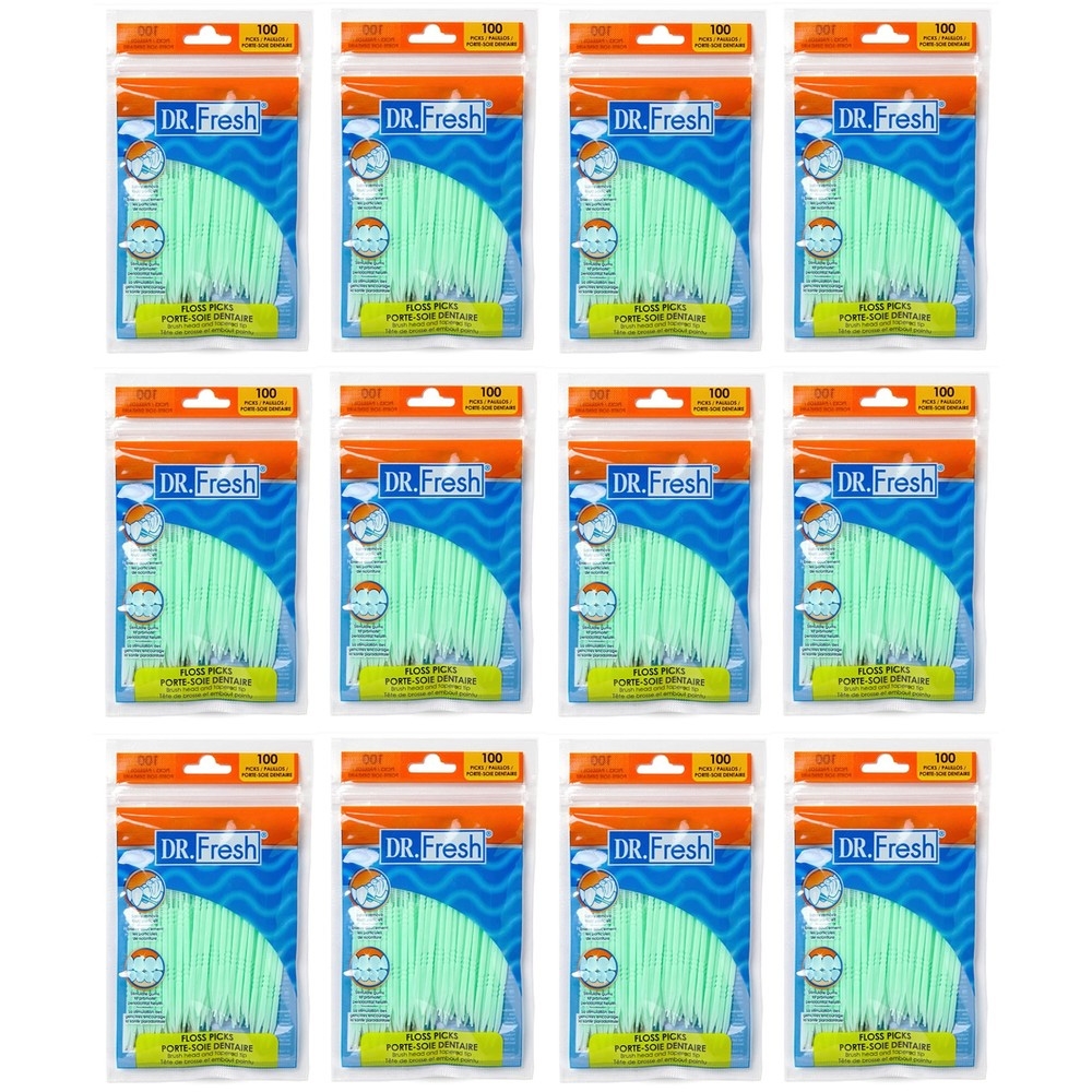 12 packs of Dr. Fresh floss picks, each containing 100 mint-flavored picks, totaling 1,200 picks.