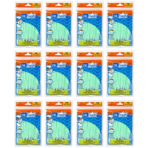 12 packs of Dr. Fresh floss picks, each containing 100 mint-flavored picks, totaling 1,200 picks.