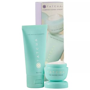 Tatcha Cleanse & Hydrate Duo includes \“The Matcha Cleanse\“ in a green tube and \“The Water Cream\“ in a matching jar, designed for clarifying and hydrating skin.