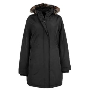 A black women's parka with a fur-lined hood and front zipper closure.