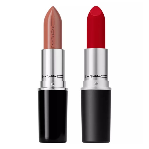 Two MAC Cosmetics lipsticks, one in a nude shade and the other in classic red, both with black and silver packaging.