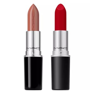 Two MAC Cosmetics lipsticks, one in a nude shade and the other in classic red, both with black and silver packaging.