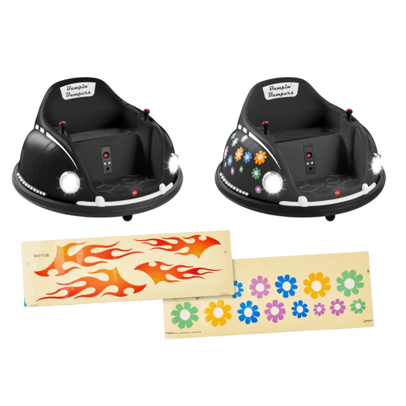 Two black bumper cars with seatbacks labeled \“Bumpin' Bumpers,\“ shown with flame and flower sticker sets for customization.