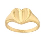 A gold ring with a smooth band features a stylized, raised heart design on top.