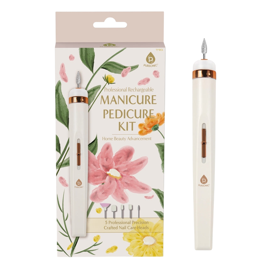 Professional rechargeable manicure pedicure kit with 5 precision nail care heads, featuring floral packaging design.