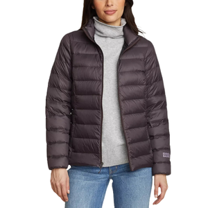 Eddie Bauer CirrusLite Down Jacket is a lightweight, quilted jacket in a dark color, featuring a full zip front and down insulation for warmth.