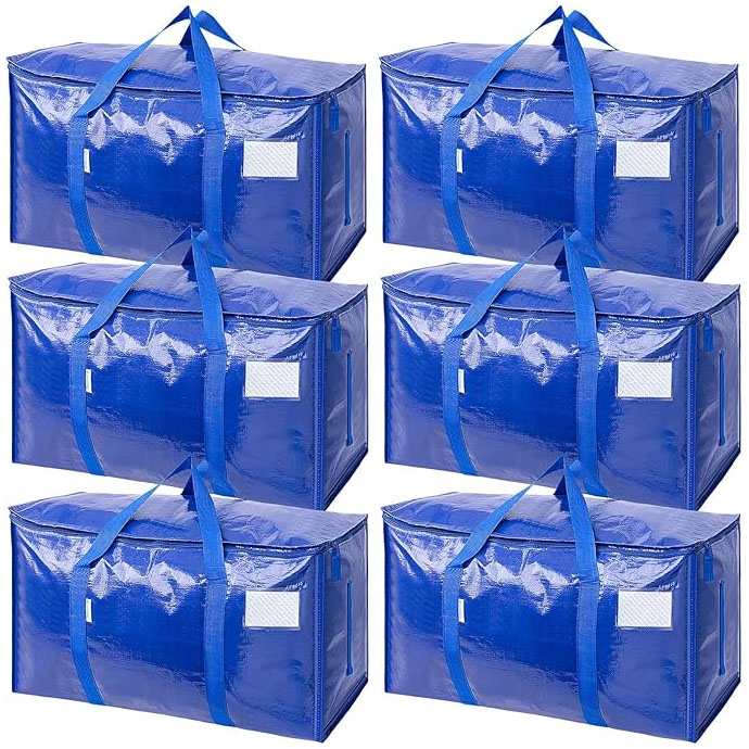 A set of six large, blue, heavy-duty storage bags with zippers and handles, designed for moving or storing items.